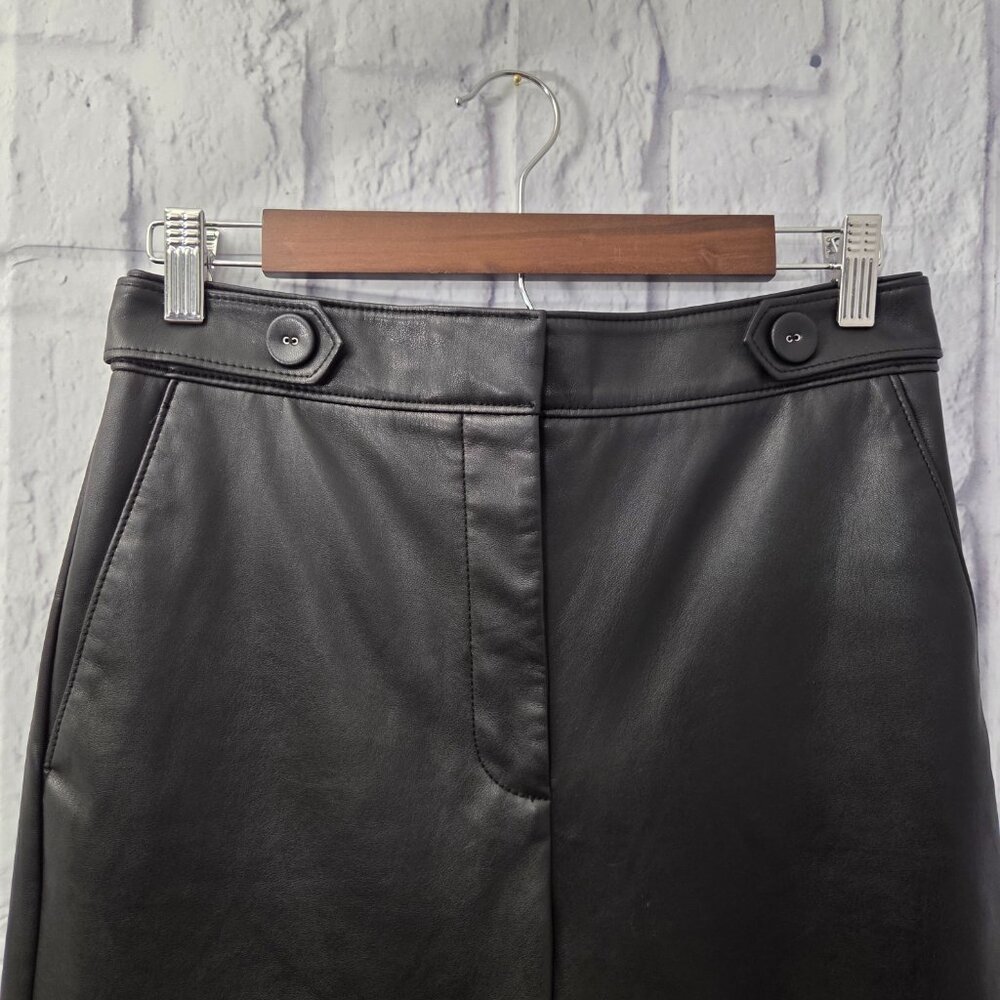 Ann Taylor Size 2 Black Faux Leather High Rise Straight Leg Pants Button Detail - Picture 2 of 10